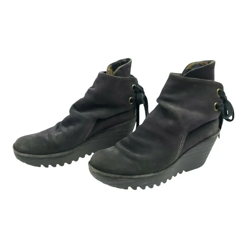 Fly London Yama Booties EU 37 Gray Suede Leather Lace Up Ankle Wedge Boots
